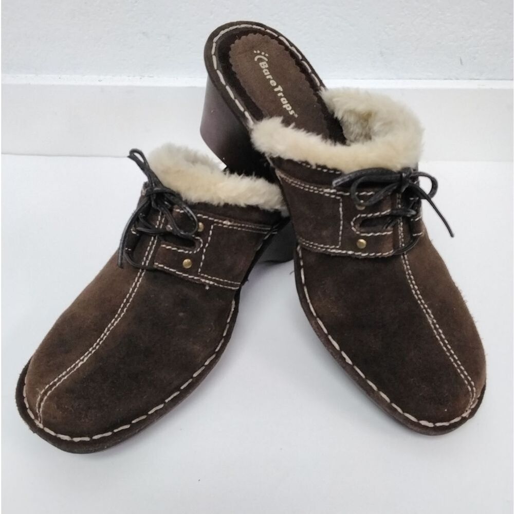 Bare Traps Decoy Clogs Mules Brown Suede Faux Fur Trim Block Heel 8.5M